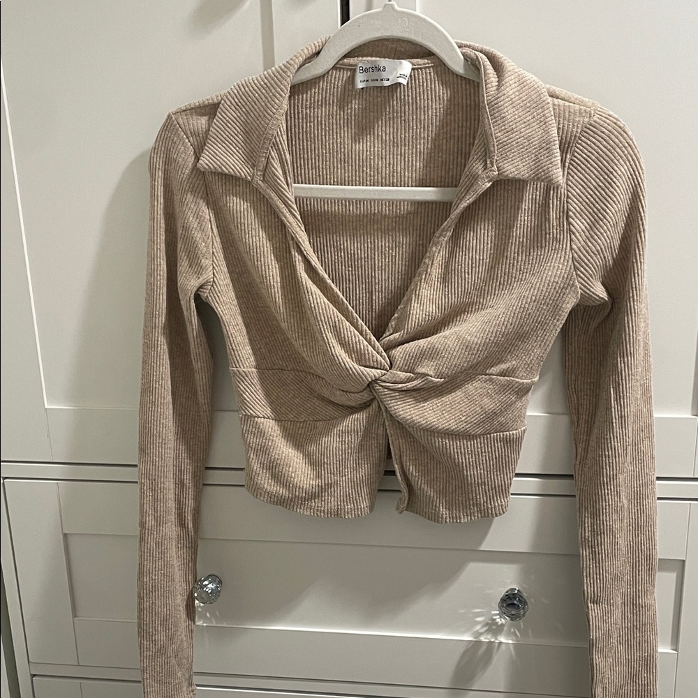 Bershka Tan Ribbed Twist Front Blouse